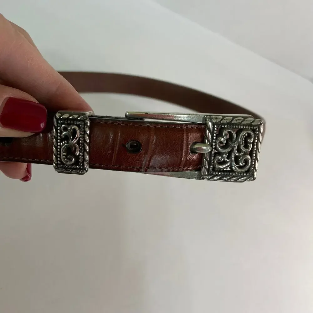 Brighton Leather Belt Womens Size Small‎ 28 Brown Embossed Silver Tone Hardware